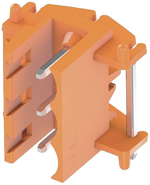 Ein orangefarbenes Kunststoffteil mit mehreren eingefassten Stiften und Einkerbungen, vermutlich ein elektrisches Steckverbindungselement.