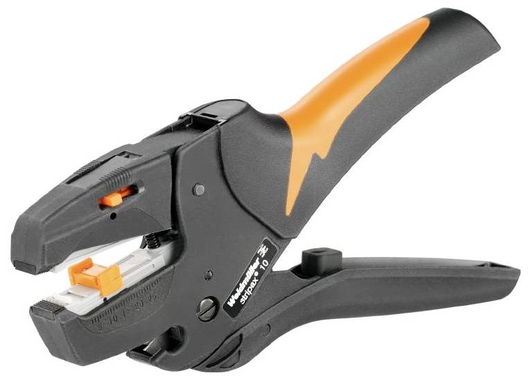 Ein schwarz-orangener Abisolierwerkzeug mit einstellbaren Einstellungen, entwickelt für präzises Entfernen der Isolierung von elektrischen Leitungen.