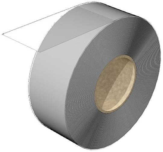 Eine große Rolle aus transparentem Klebeband mit einem Pappkern in der Mitte, Seitenansicht.