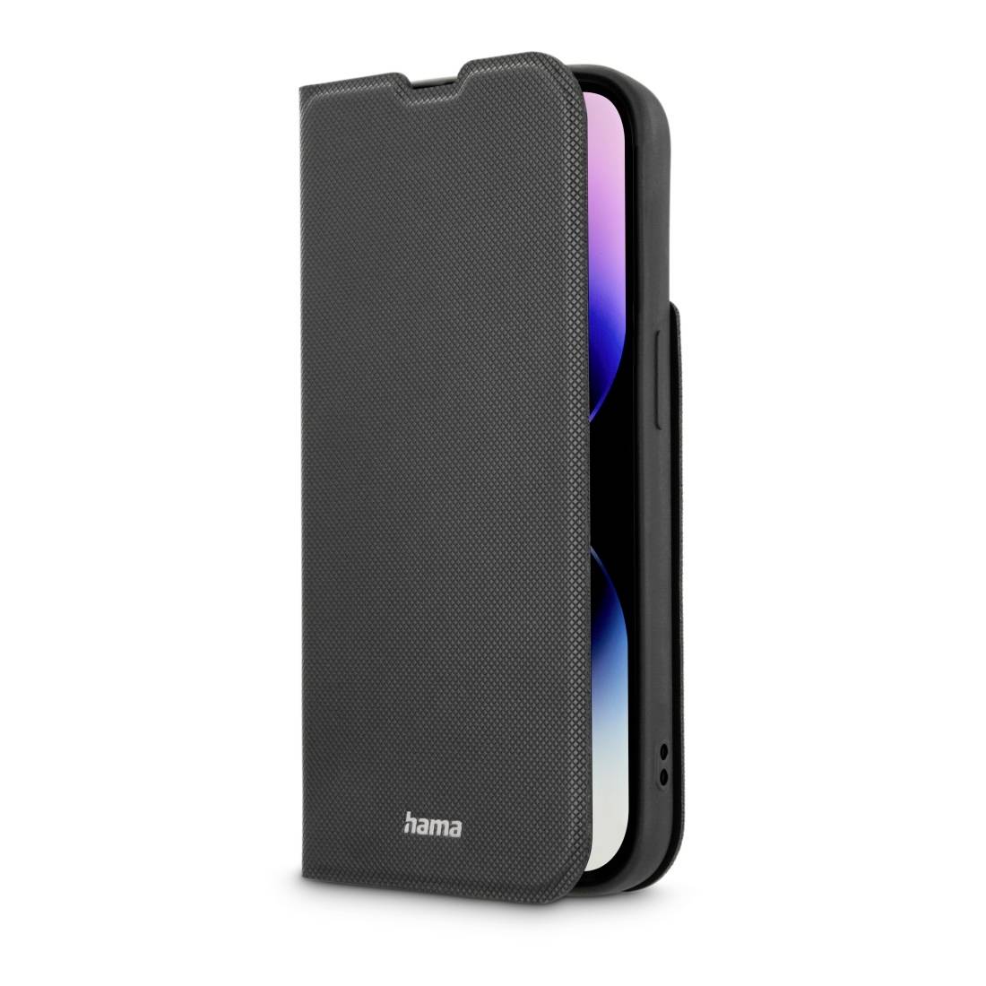 Ein Smartphone in einer geöffneten, schwarzen Schutzhülle von 'hama'; Vorderseite leicht sichtbar, Bildschirm mit Farbübergang.