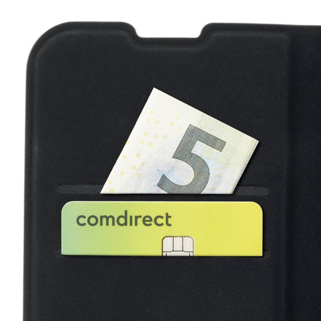 Eine schwarze Brieftasche mit einem Fünf-Euro-Geldschein und einer komdirect-Karte mit Chip, die teilweise sichtbar ist.