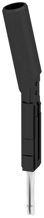 Ein schwarzer, länglicher Adapter oder Stecker mit einem Metallstift an einem Ende. Wird oft für Audio-Verbindungen verwendet.