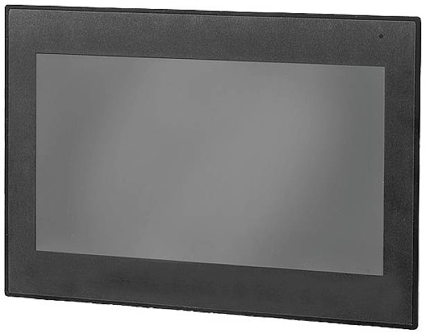 Ein rechteckiger, schwarzer Bildschirm mit grauem Display.