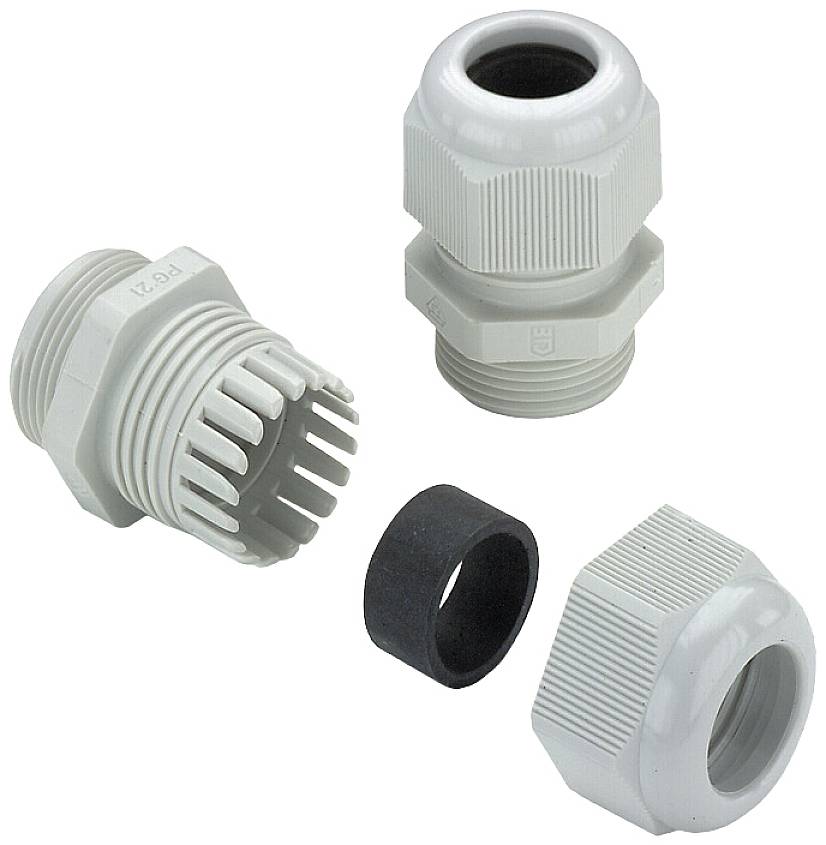 Drei graue Kabelverschraubungen mit Kunststoffgewinde und Dichtung für elektrische Installationen.