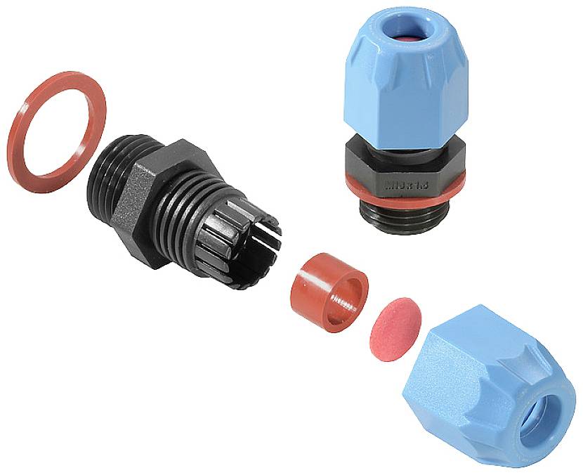 Schraubverbinder aus Kunststoff mit roten Dichtungen und blauen Kappen, zerlegt in Einzelteile. Geeignet für Kabelschutzsysteme.