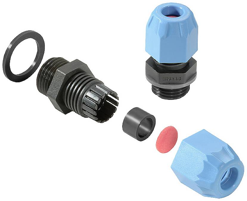 Zwei blaue Kunststoff-Verschraubungen mit Dichtungsringen, eine zerlegt in Einzelteile: Gewinde, Mutter, Dichtung und Ring.