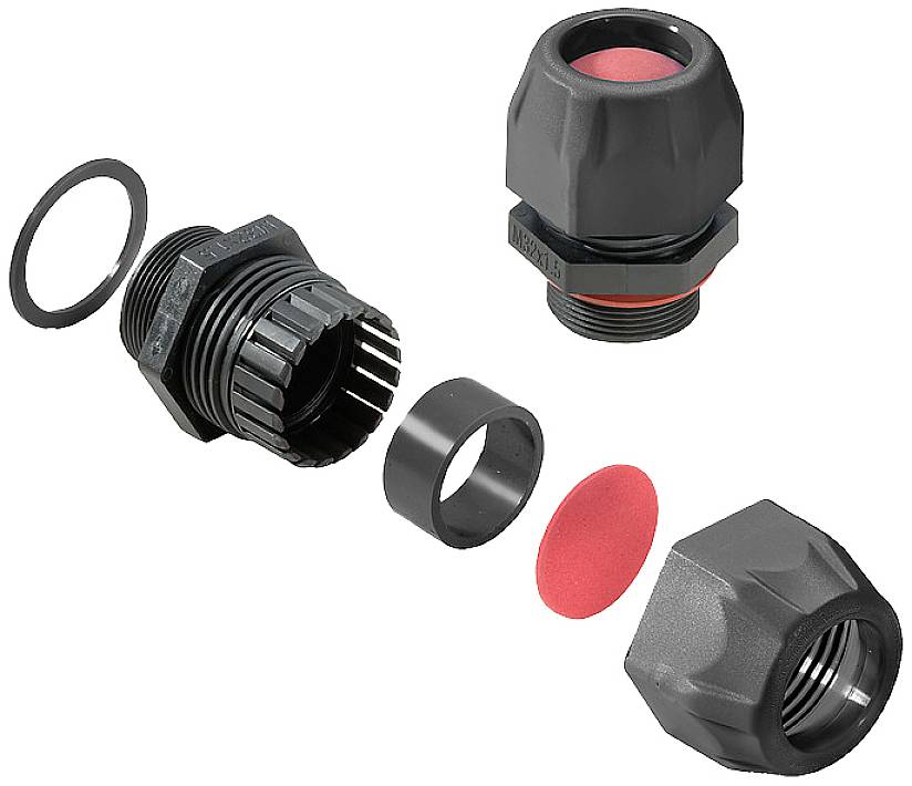 Mehrteilige Kabelverschraubung mit Dichtung und Gegenmutter, abgebildet in zerlegtem Zustand. Verwendet zum sicheren Abdichten von Kabeln.