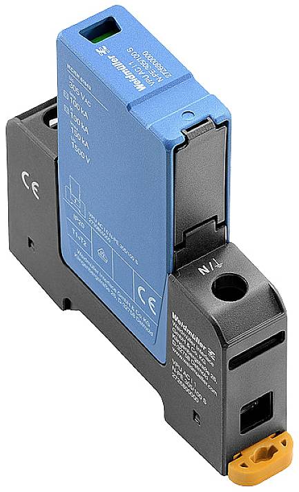 Ein blauer Überspannungsschutz auf einem schwarzen Sockel, mit CE-Kennzeichnungen. Großer blauer Abschnitt mit Anschlüssen.