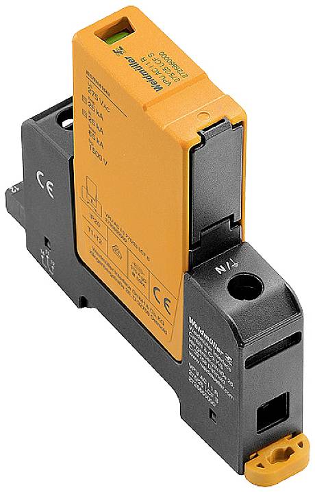 Ein orange-schwarzes elektronisches Bauteil mit Anschlusskontakten, beschriftet mit technischen Spezifikationen und Herstellerlogo.