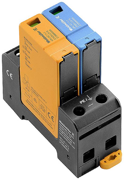 Ein Überspannungsschutzgerät mit zwei Modulen, einem orangefarbenen und einem blauen. Es wird zur Sicherung von elektrischen Anlagen verwendet.
