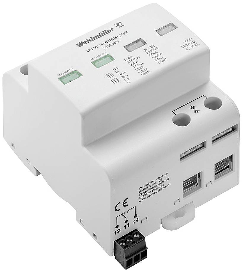 Ein elektrisches Überspannungsschutzgerät mit mehreren Anschlüssen und Leuchtanzeigen, ideal zur Sicherung von elektrischen Anlagen.