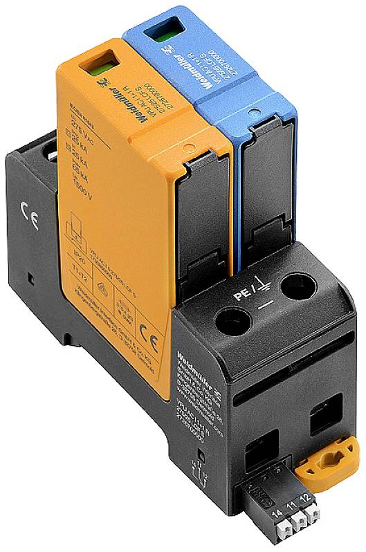 Ein Überspannungsschutzgerät mit zwei Modulen: eines in Orange, das andere in Blau. Es ist zur Montage in elektrischen Schaltschränken vorgesehen.