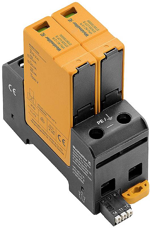 Ein Überspannungsschutzgerät mit zwei gelben Modulen auf einem schwarzen Sockel. Eignet sich zum Schutz elektrischer Anlagen.