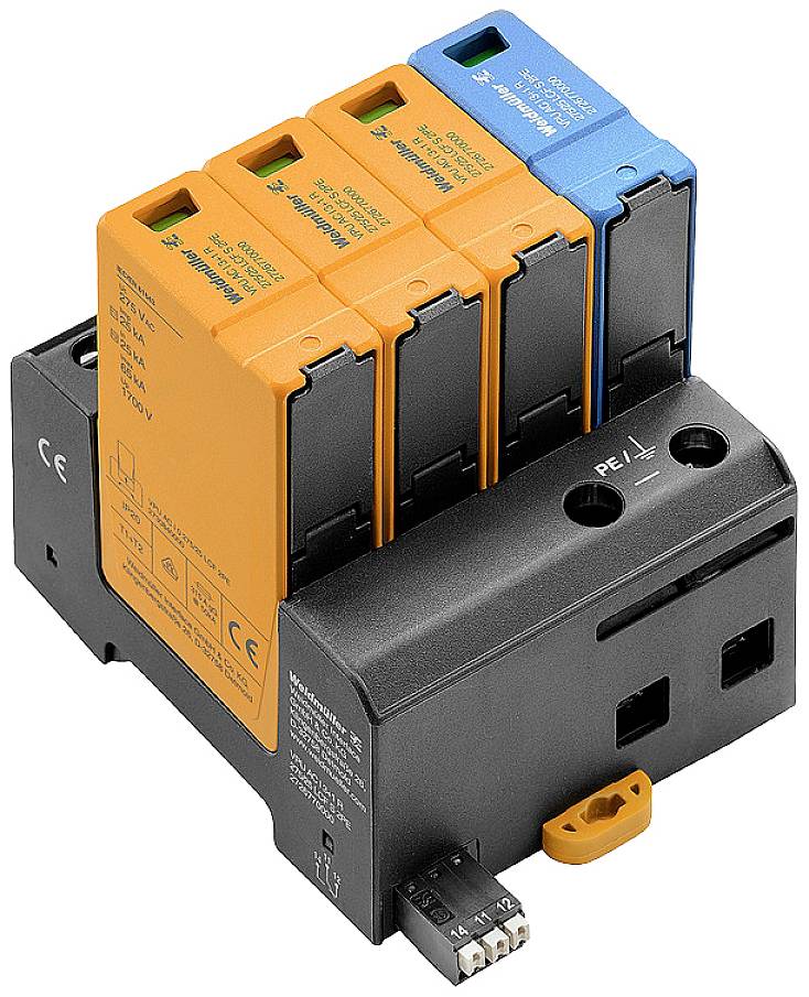 Eine Reihe von Überspannungsschutzgeräten in verschiedenen Farben, montiert auf einer schwarzen Basis. Sie bieten Schutz in elektrischen Anlagen.
