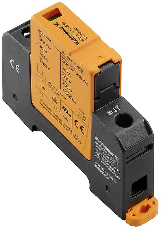 Überspannungsschutzgerät von Weidmüller mit orangefarbenem und schwarzem Gehäuse, technischer Spezifikationen aufgedruckt.