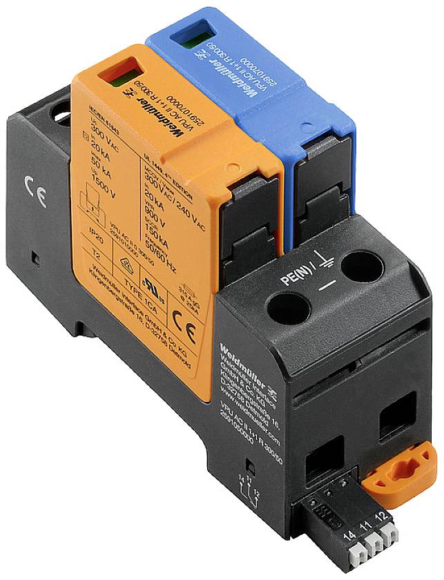 Überspannungsschutzgerät mit orange und blauer Abdeckung, technische Angaben und Herstellername aufgedruckt.