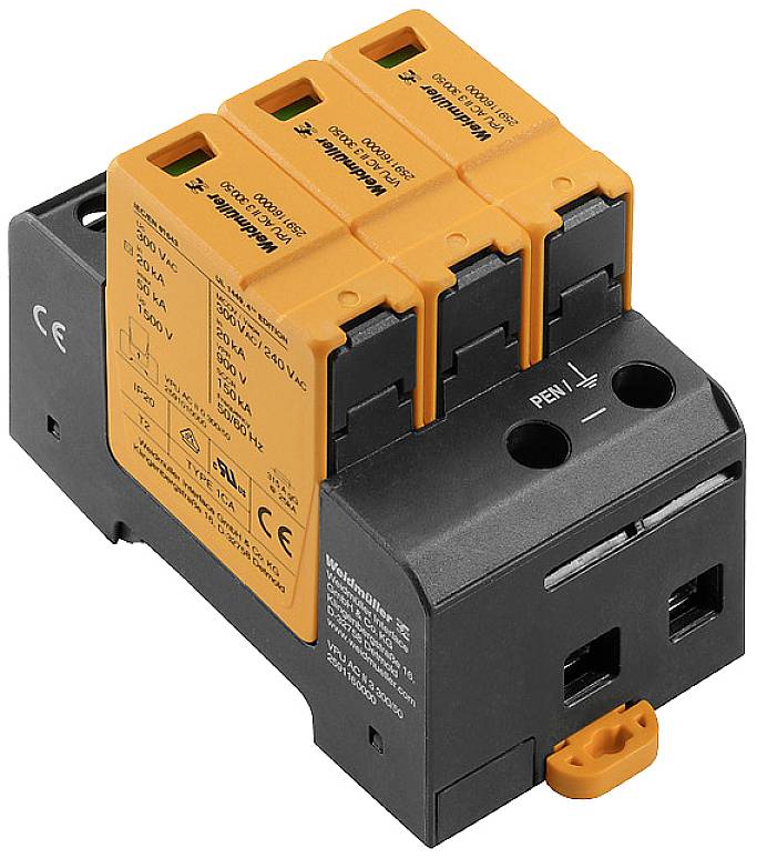 Ein Überspannungsschutzgerät mit drei orangenen Modulen und einem schwarzen Sockel. Es trägt Aufdrucke mit technischen Spezifikationen.