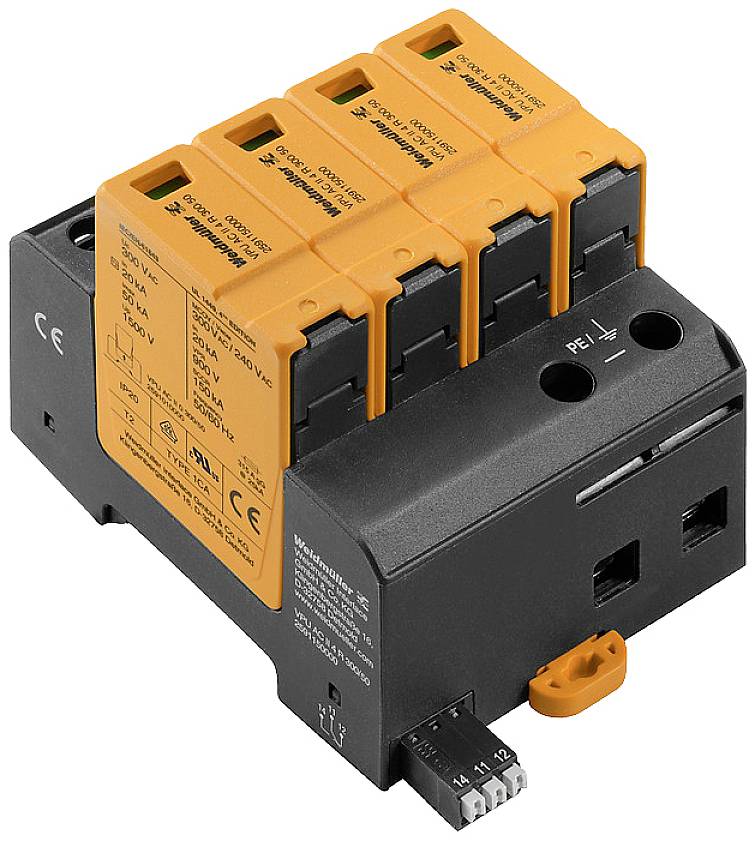 Ein Überspannungsschutzgerät mit mehreren orangefarbenen Modulen auf einer schwarzen Basis, Beschriftung in Schwarz und Weiß.
