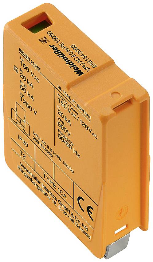 Orangefarbener Überspannungsschutz mit Aufschrift 'Weidmüller'. Schutztyp T2, geeignet für 150-120 V AC, IP20, 50/60 Hz.