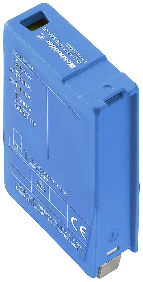 Ein blauer Überspannungsschutz für 305 V AC mit CE-Kennzeichnung. Aufgedruckte technische Spezifikationen und Herstellerinformationen.