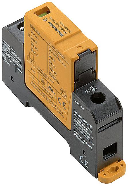 Überspannungsschutzgerät mit orangefarbenem Gehäuse von Weidmüller, Modell SPD, technische Spezifikationen aufgedruckt, für elektrische Anwendungen.