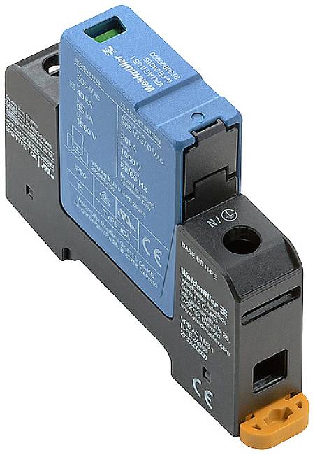 Ein elektrisches Schutzgerät mit blauer Abdeckung und schwarzen Elementen. Markierungen und technische Spezifikationen sind sichtbar.