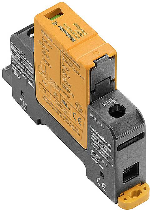 Ein Überspannungsschutzgerät in Schwarz und Orange mit technischen Details aufgedruckt, geeignet für Spannungen bis 280 V.