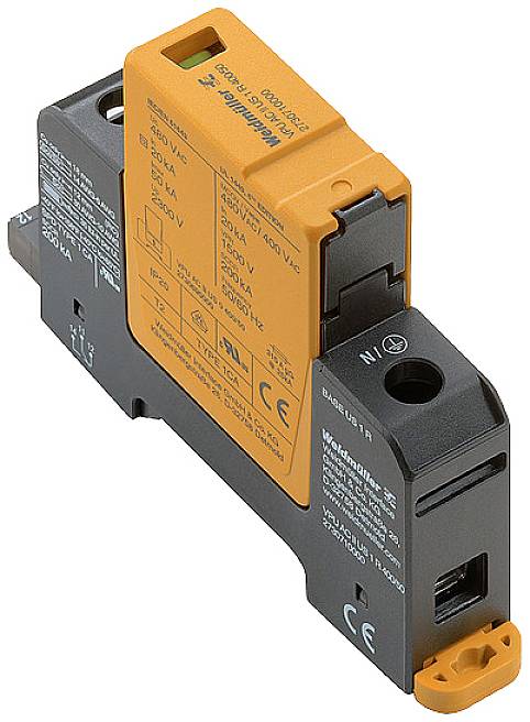 'Blitzschutzgerät mit orangefarbenem Gehäuse, Aufschrift 'Weidmüller'. Geeignet für 230/400V AC, Nennstrom 20kA. CE-Kennzeichnung.'