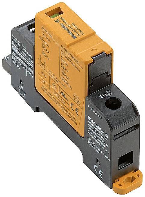 Überspannungsschutzgerät, rechteckig, orange-graues Gehäuse, mit Anschlussklemmen und CE-Markierung, geeignet für elektrische Systeme.