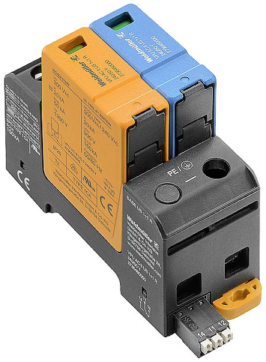 Elektrisches Sicherheitsrelais mit blauem und orangefarbenem Modul, geeignet für Maschinensteuerungen. Zeigt CE-Kennzeichnung und technische Spezifikationen.