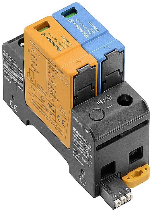 Ein Überspannungsschutzgerät mit blauen und orangefarbenen Komponenten, das auf einem schwarzen Gehäuse montiert ist.