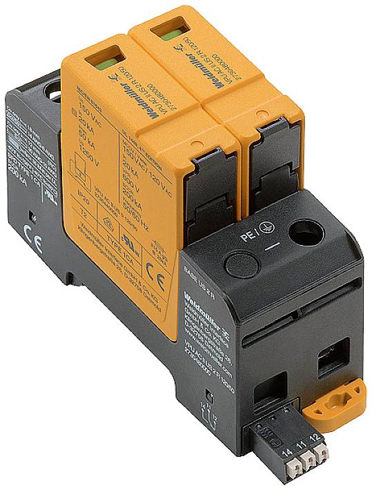 Ein elektrischer Überspannungsschutz mit zwei orangefarbenen Modulen und schwarzem Gehäuse, ausgestattet mit Anschlüssen für Sicherheitsverkabelung.