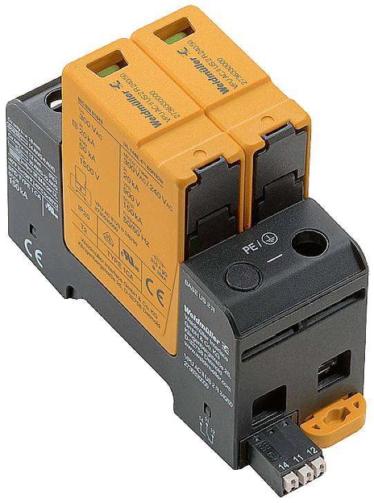 Ein orangefarbener Überspannungsschutz mit Steckmodulen und Beschriftungen von Weidmüller. Gerät für den Schutz elektrischer Systeme.