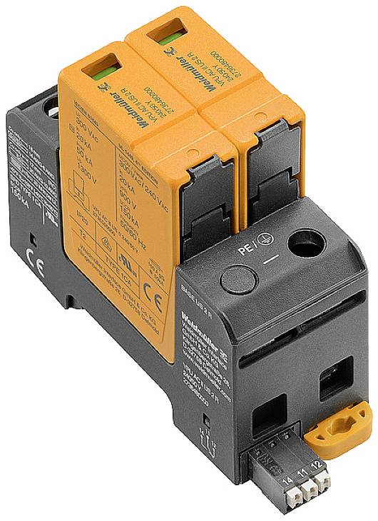 Überspannungsschutzgerät mit orangen Modulen und schwarzem Sockel. Produktkennzeichnung und Spezifikationen sind aufgedruckt.