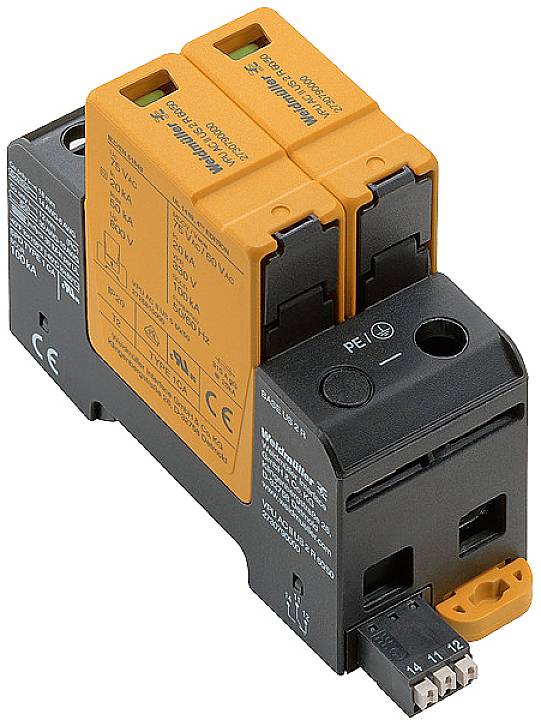 Elektronisches Bauteil mit zwei orangefarbenen Sicherungen, Schwarz mit Anschlüssen an der Unterseite, Herstellerkennzeichnung sichtbar.