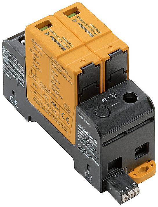 Elektrischer Überspannungsschutz, zweipolig, mit orangefarbenem Gehäuse und CE-Kennzeichnung. Geeignet für den Einsatz in elektrischen Schaltkreisen.