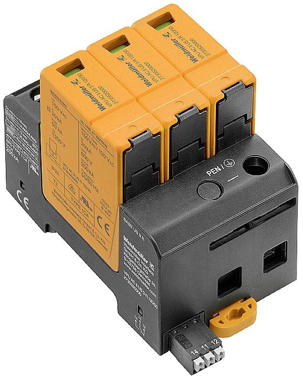 Ein dreiphasiger Überspannungsschutz mit orangenen Modulen und schwarzer Basis. Geeignet zur Montage in elektrischen Verteilungen.