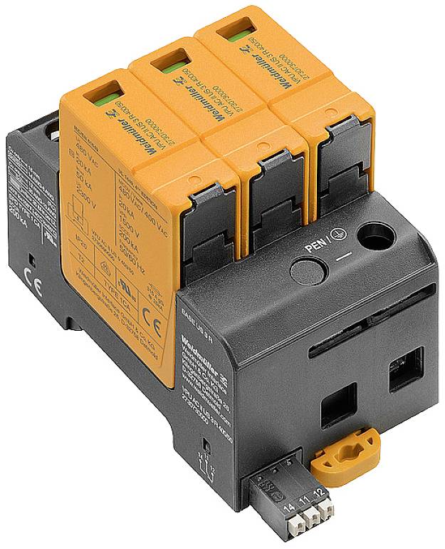 Überspannungsschutzgerät mit drei orangefarbenen Modulen und schwarzem Gehäuse, schützt elektrische Systeme vor Überspannungen.