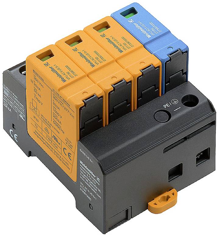 Ein Überspannungsschutzgerät mit fünf farblich gekennzeichneten Modulen, die miteinander verbunden sind. Sie bieten Schutz vor elektrischen Überspannungen.