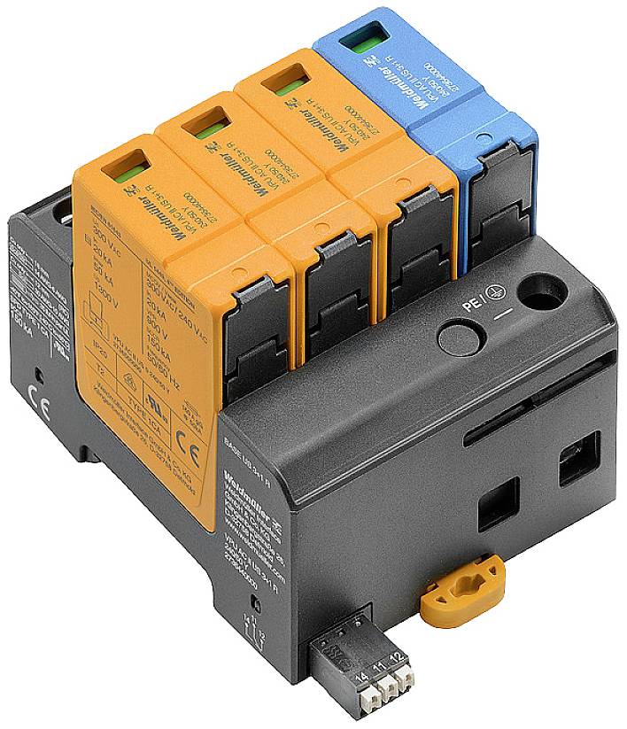 Ein Überspannungsschutzgerät mit einer Reihe von austauschbaren Modulen, farblich gekennzeichnet in Orange und Blau für unterschiedliche Phasen.