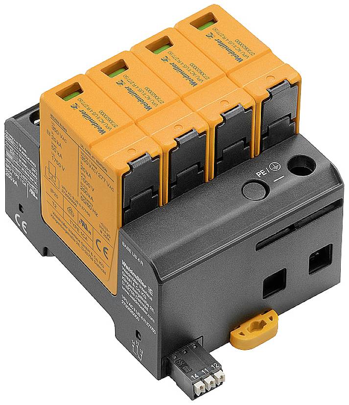 Überspannungsschutzgerät mit orangefarbenen Modulen auf schwarzem Gehäuse, mit mehreren Anschlussklemmen an der Basis.