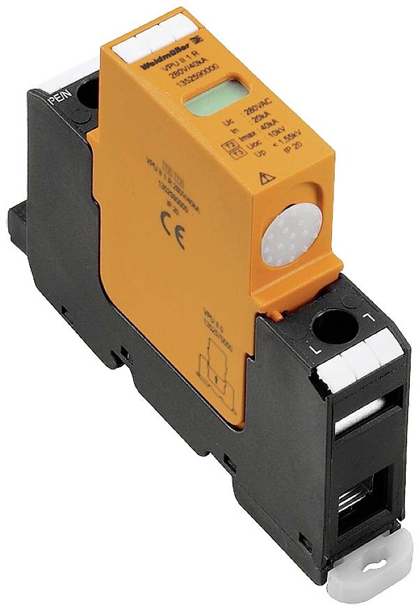 Überspannungsschutzgerät in Modulbauweise, orange und schwarz, mit CE-Kennzeichnung, zeigt Installation zur elektrischen Sicherheit.