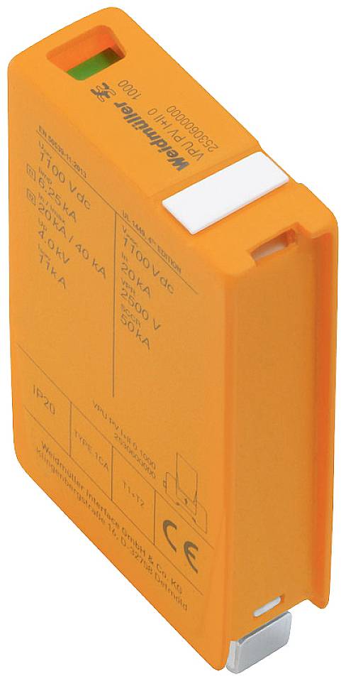 Oranges, rechteckiges elektronisches Bauteil mit Anschlüssen und technischen Spezifikationen aufgedruckt, möglicherweise ein Überspannungsschutzgerät.