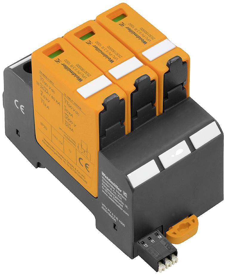 Ein dreiphasiger Überspannungsschutz in orange und schwarz, mit weißem Schaltknopf. Er dient dem Schutz elektrischer Anlagen.