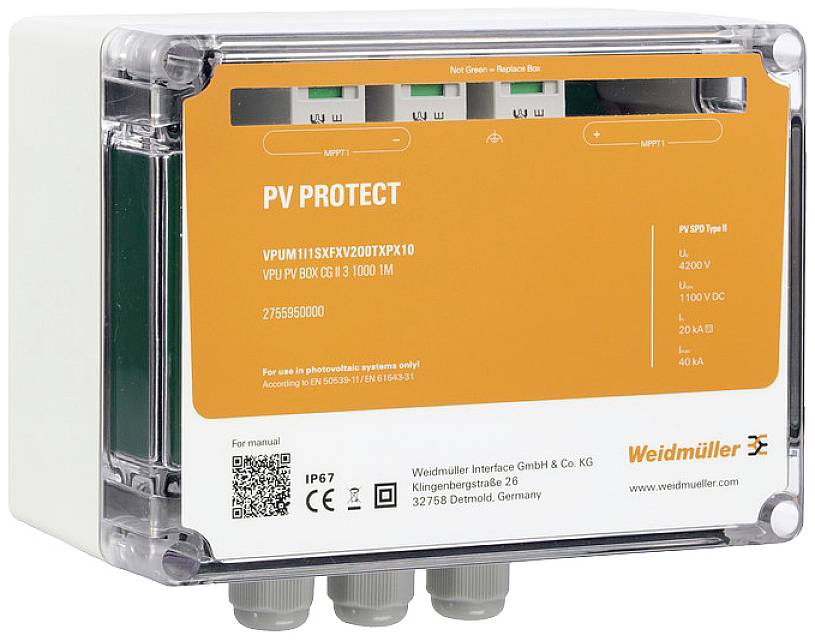'PV PROTECT' Schutzgerät von Weidmüller, zeigt techn. Spezifikationen und Modellbezeichnung auf der Vorderseite.