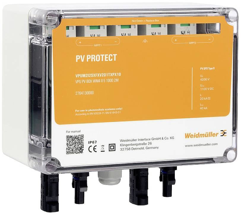 'PV PROTECT'-Schutzkasten der Marke Weidmüller mit orange-weißem Etikett, enthält technische Spezifikationen und Kontaktinformationen.