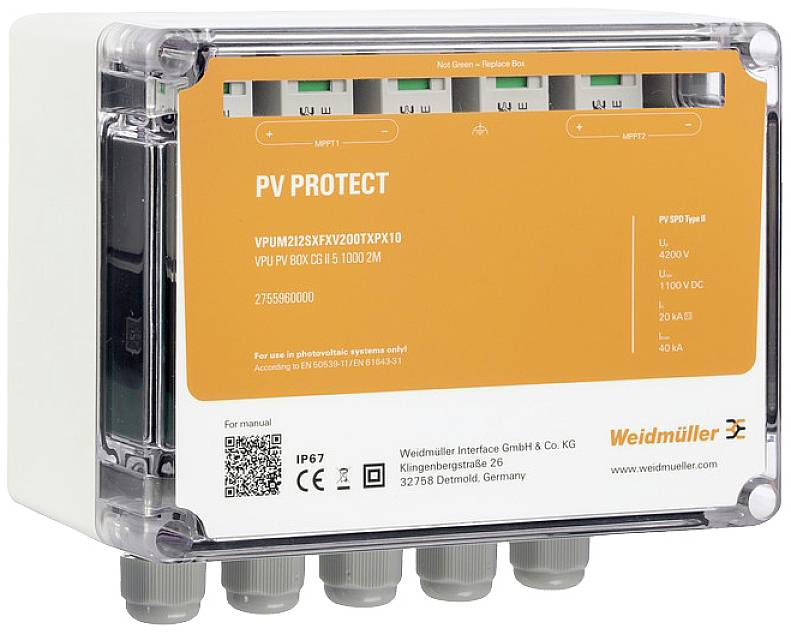 'PV Protect' elektrisches Schutzgerät von Weidmüller, Modell VPU M 12 255K PV. Geeignet für PV-Anlagen, inklusive Anschlussklemmen.