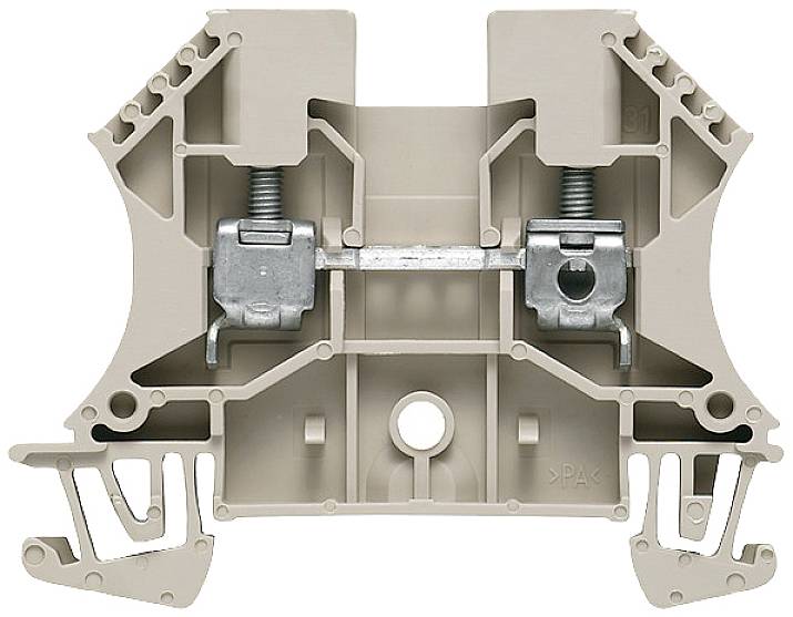Ein beige Klemmenblock mit Schrauben- und Federmechanismus, typischerweise genutzt für elektrische Verbindungen.