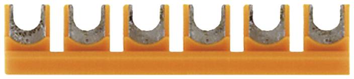 Ein orangener Verteilerblock mit mehreren offenen Steckplätzen für elektrische Verbindungen.