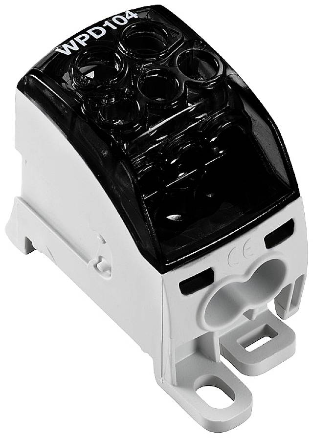 Klemmenblock mit sechs Anschlüssen, Modellnummer 'WPD104', zur elektrischen Verdrahtung, Gehäuse in Schwarz und Weiß.